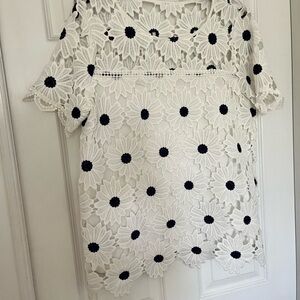 Rafaella Blue and White Ruffled Top with Flutter Sleeves